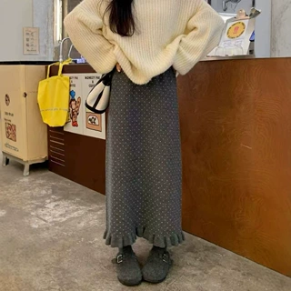 复古法式边黑色波点针织半身裙女秋冬设计感高腰包臀A字直筒长裙