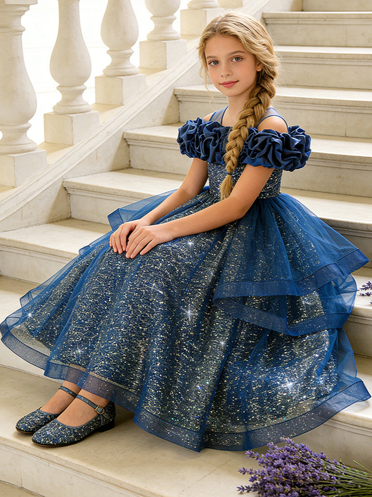 Vestido largo formal para niñas, vestido de satén con falda amplia, vestido infantil para desfiles, vestido para actuaciones, vestido para presentaciones de piano.