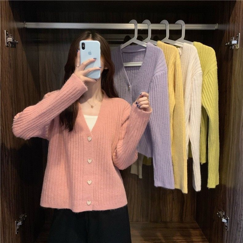 ネットの赤いセーターの女性の朝と秋の新型のゆったりした上着の優しいニットのカーディガンの短いコートはだらだらしています。|undefined