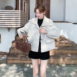 米白色针织翻领双面羊毛大衣女秋冬2025新款韩系时尚短款毛呢外套
