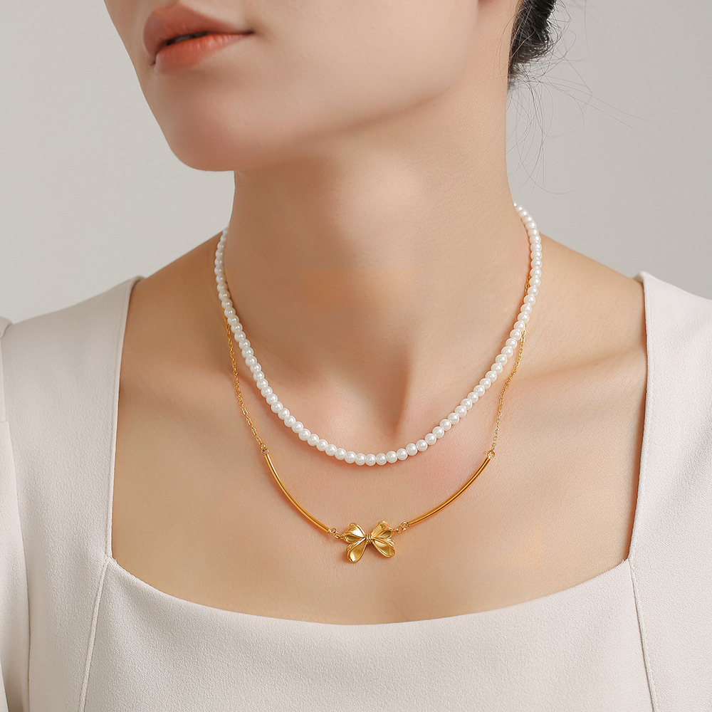Hot Selling Bow Necklace Earrings Vintage Sweet Princess Stacked Bead Collarbone Chain Set_voghion.com