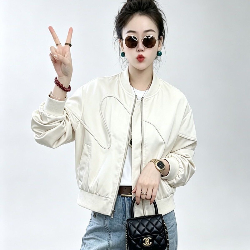 Wholesale High-End Style Stand-Collar Short Jacket for Women, New Spring and Autumn Loose Fit, Slimming, Versatile Zip-Up Jacket Top, Trendy