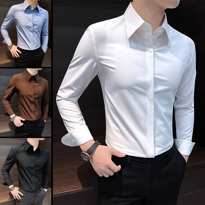 夏季2025新款尖领商务正装韩版方领男士长袖衬衫高级感白衬衣男款