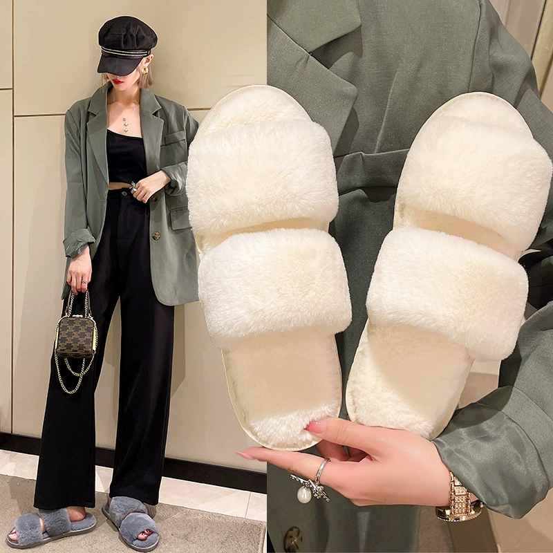 2022 осень-зима Новые плоские Нескользящие туфли с открытым носком и однотонными теплыми плюшевыми тапочками