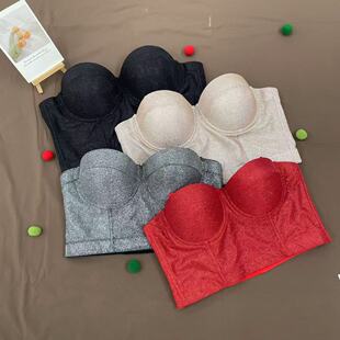 Hot Girl Sexy Glitter All-match Strapless Sling plus size chubby girl with Chest Pad Exterior Wearing Comfortable Gather-up Corset