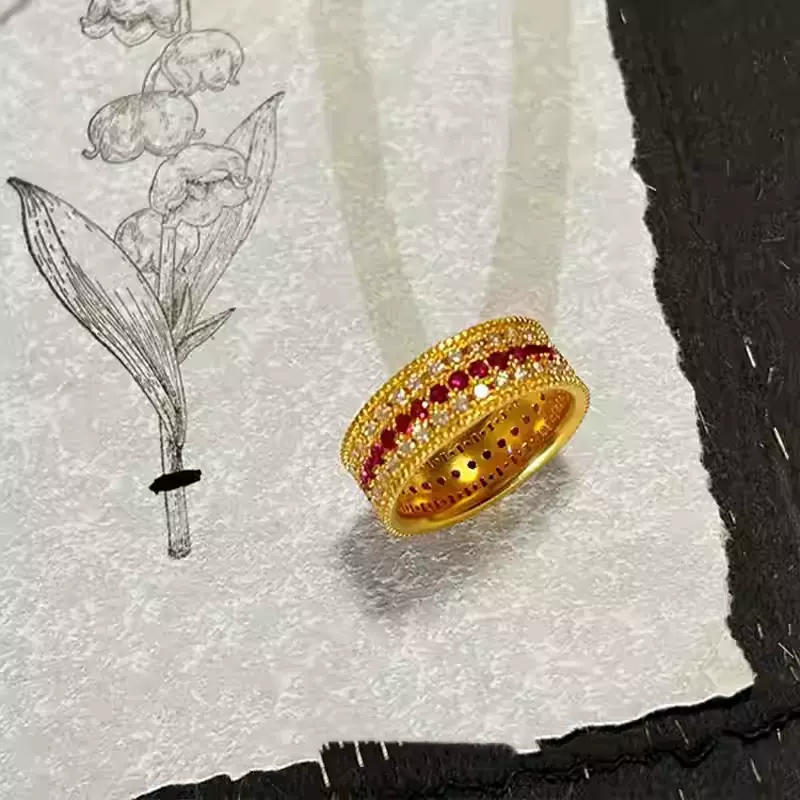 18k金三排繁星戒 au750彩金脱芯莫桑蔷薇石戒指精致优雅 水贝黄金