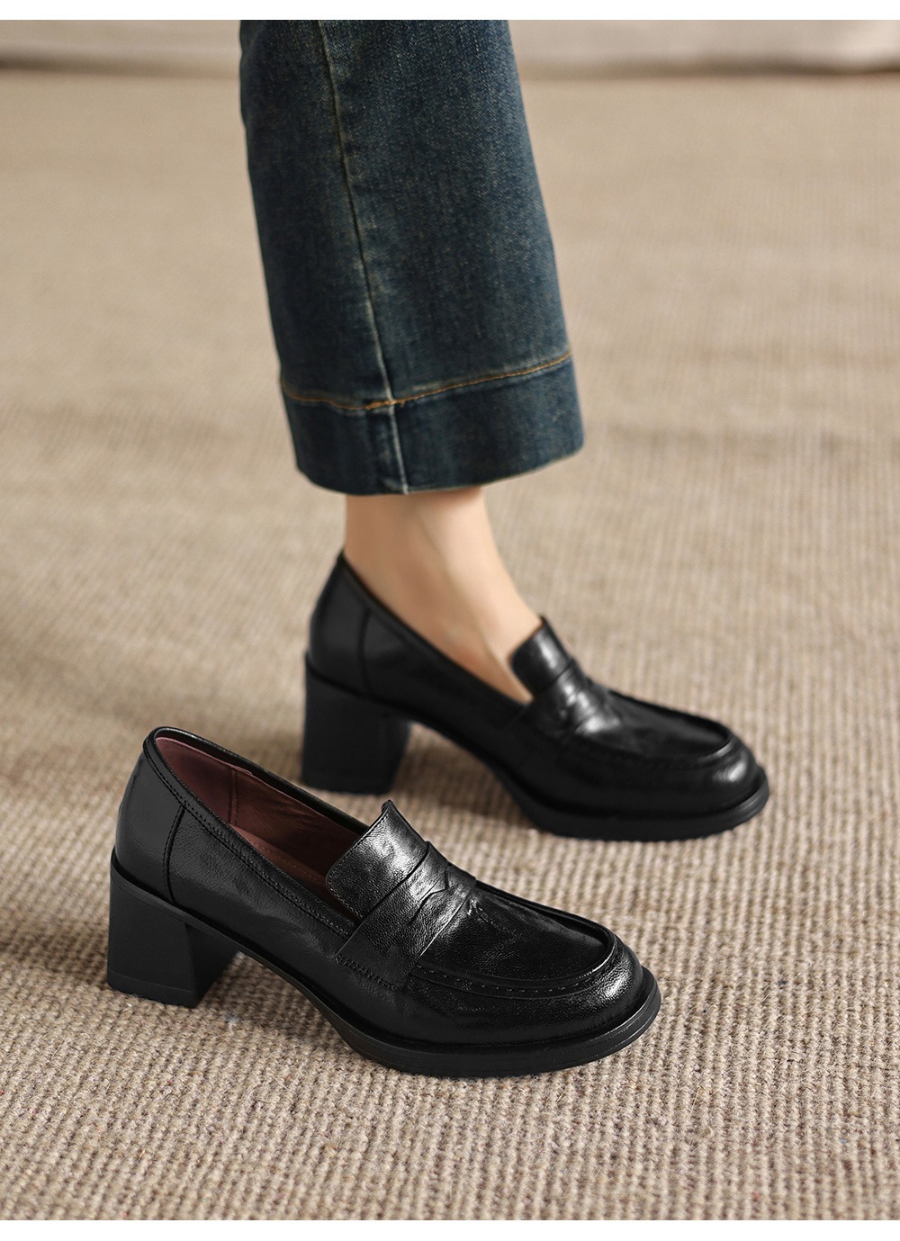 Giày cao gót nữ mũi tròn da dê gót vuông ổn định kiểu loafer — màu nâu chi tiết 3