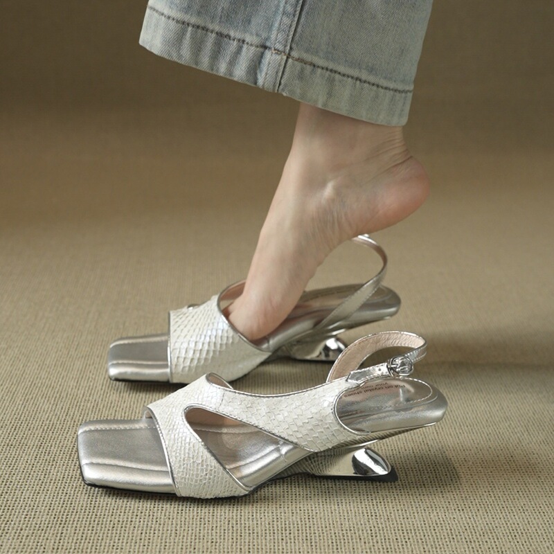 Designer Square-Toe Irregular Heel Open-Toe Sandals for Women, 2026 New Summer Silver Fashion Trendy Mid-Heel Sandals