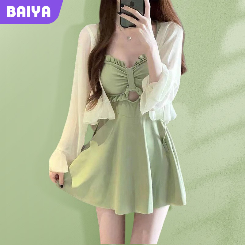 Traje de baño de las mujeres de cintura alta falda de una pieza 2023 nuevo puro deseo ins estilo adelgazamiento manga larga traje de baño de vacaciones de primavera caliente al por mayor