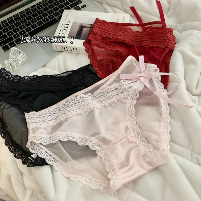 Sexy Pure Desire Bowknot Satin Mesh Lace Panties for Women, Low-Waist Briefs, Women's Silk 10A Antibacterial Crotch