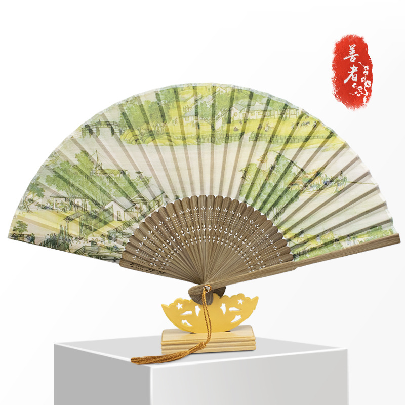 Ventilador plegable transfronterizo pequeño ventilador de paisaje de texto fresco hombres y mujeres ventilador de pareja pequeño ventilador plegable de 6 pulgadas ventilador de hombre pequeño al por mayor