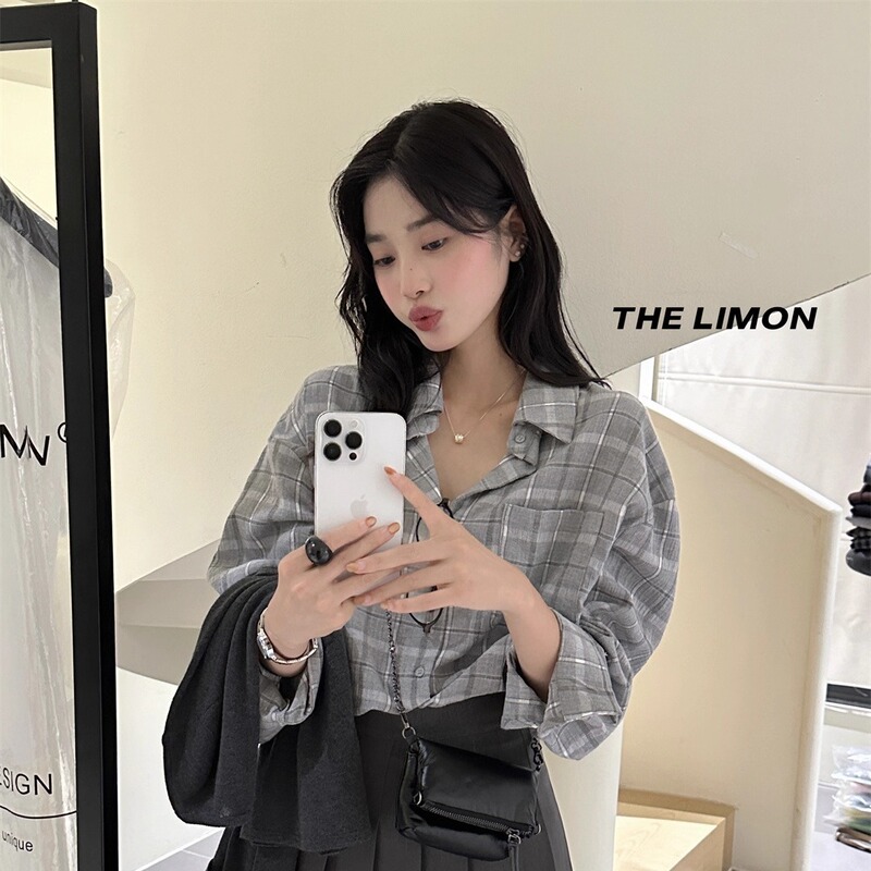 THE LIMON柠檬绿茶2025秋季复古气质百搭宽松格纹百搭衬衫上衣女|undefined
