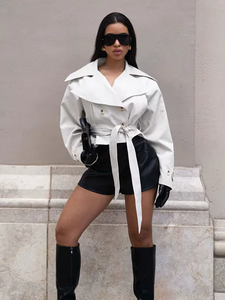 Women's Lapel Tie Short Trench Coat European and American Style Double-Breasted Slim-Fit Top Cross-Border Women's Clothing Amazon Hot Seller