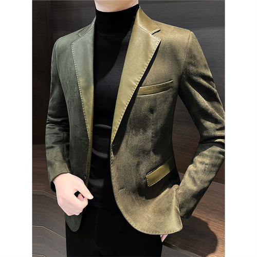 High-end Leisure Suit New Hong Kong Style Western Suit Autumn/Winter Splicing Outerwear Men's Leather Cowhide Cool Style Machine Washable