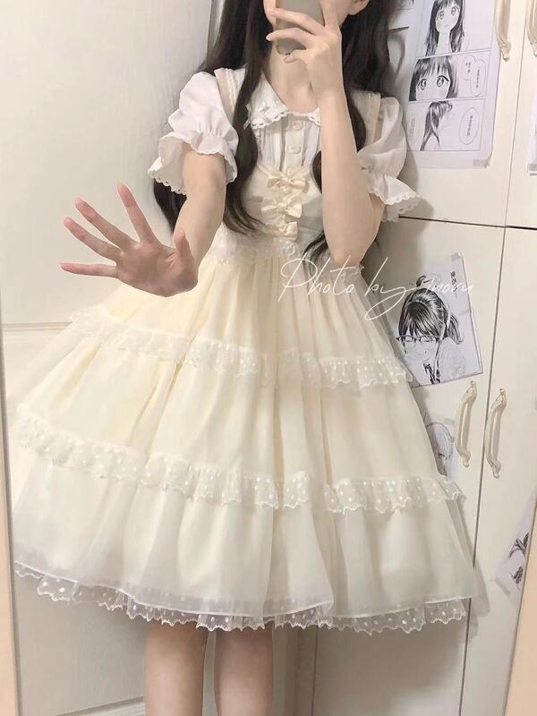 女子学生向けサマースーツ ベビードールカラーシャツ+かわいいリボン白メッシュサスペンダースカート 2点セット/単品|undefined