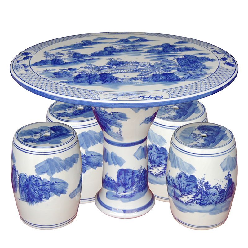 파란색과 흰색 풍경(테이블 1개, 스툴 4개) 인기 모델