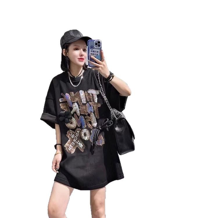Gran tamaño de ropa de mujer grasa mm2 - 300 kg industria pesada caliente perforación media y larga camiseta de manga corta de moda de mujer nueva camiseta de manga corta falda