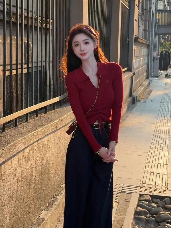 红色长袖polo领针织衫女2025早秋新款韩系修身翻领内搭打底衫上衣|undefined