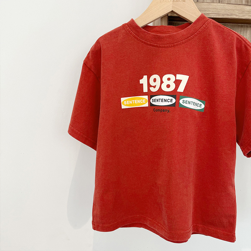 夏子供服新しい子供プリント半袖 Tシャツボーイズレターダメージレトロ半袖トップストリートファッション T|undefined