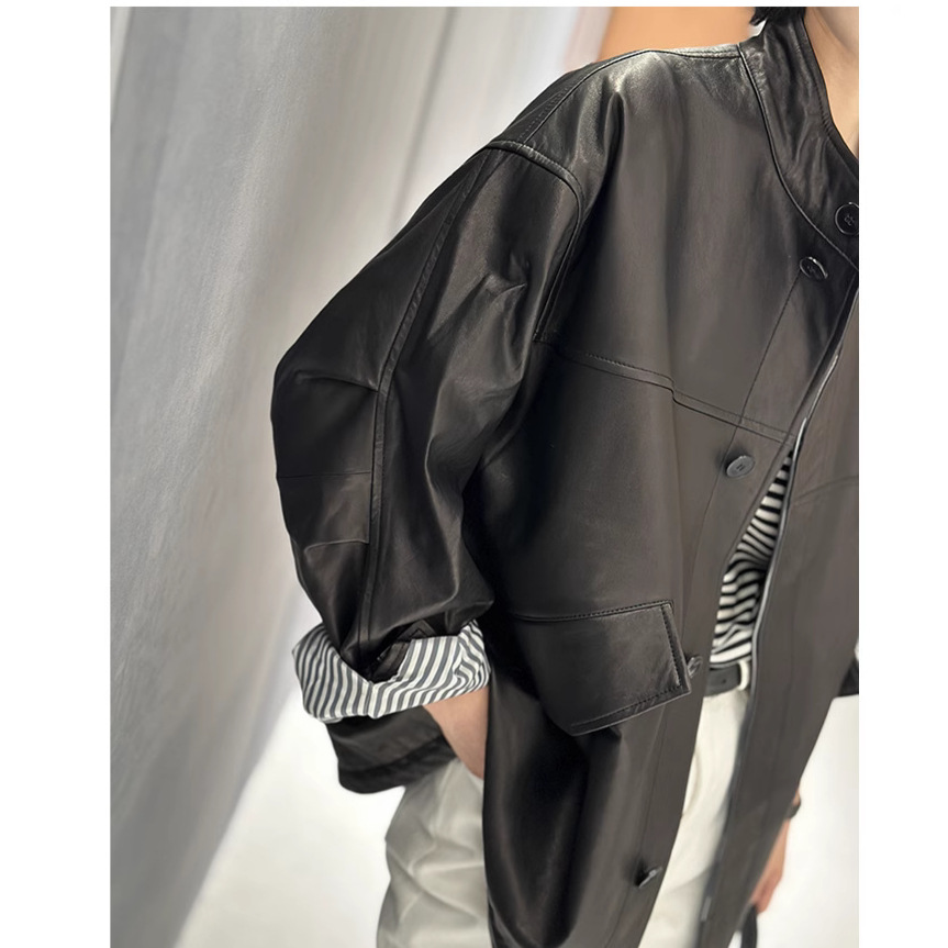 2025 Early Spring Simple Style Profile Genuine Leather Coat Women's Striped Lined Sheepskin Semi-Vegetable Tanned Shirt Mid-Length Leather Coat