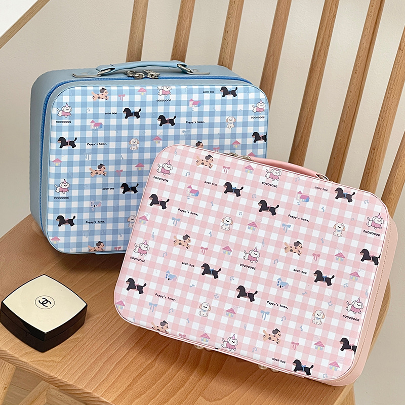 Nueva caja de cosméticos bolsa de almacenamiento de cosméticos de gran capacidad PU portátil con espejo de dibujos animados linda caja de almacenamiento de cachorros a cuadros