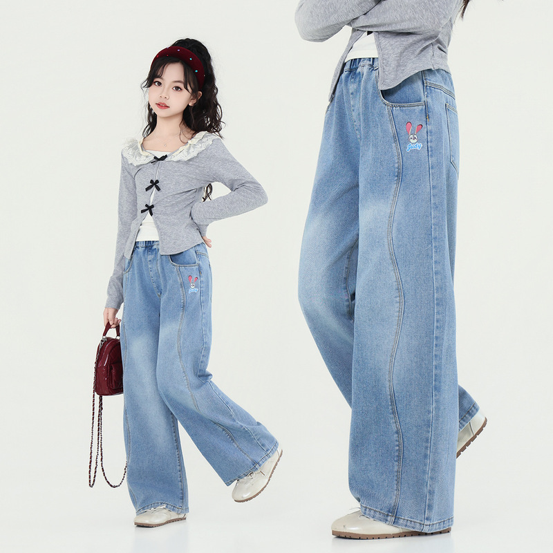 Judy Girls' New Spring and Autumn Straight-Leg Long Pants, Printed Soft Loose Jeans for Girls in Autumn