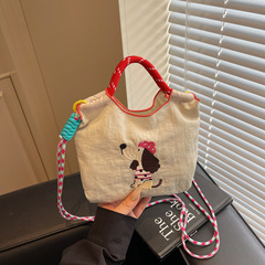 ショルダークロスボディキャンバス携帯電話バッグ日本刺繍 2025 新しいカジュアル旅行かわいいダックスフントバケットバッグ