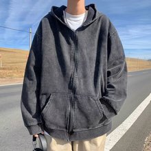 美式水洗做旧卫衣男春秋款高街情侣开衫外套ins潮牌宽松连帽上衣