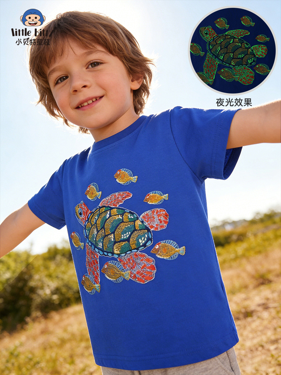 European and American Style 2026 Spring/Summer Children's Short-Sleeve T-Shirt with Cartoon Turtle, Round Neck, Glow-In-The-Dark Embroidery, In-Stock