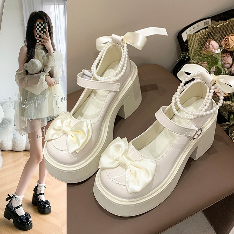 Mary Jane Leather Shoes Japanese Style Female Jk School Style 2025 Spring and Autumn Thick-Soled Pearl Bow Elegant Single Shoes High Heels Mary Jane Leather Shoes Japanese Style Female Jk School Style 2025 Spring and Autumn Thick-Soled Pearl Bow Elegant Single Shoes High Heels