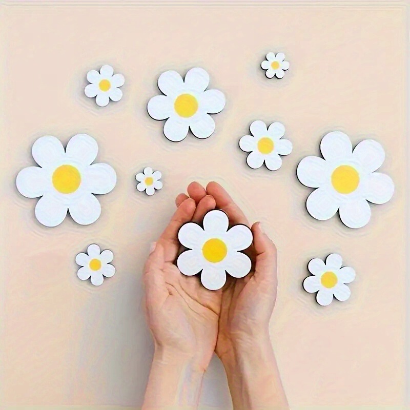 10-Piece Set of Wooden Daisy Self-Adhesive Wall Decorations, Nordic Style Children's Room Wall Decoration Flower Hangings