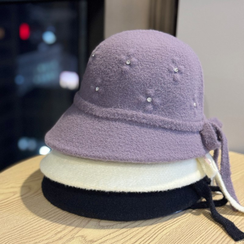 冬季新款高档手工水钻装饰毛呢礼帽日系保暖渔夫帽女士优雅盆帽潮|undefined