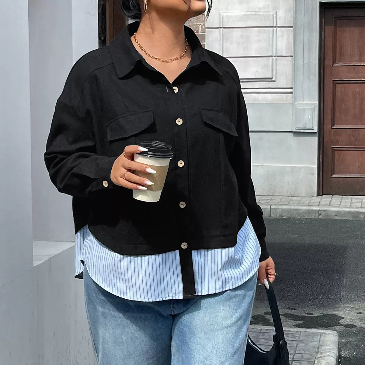 亚马逊早春秋款大码外套女欧美短款简约拼接条纹设计感时尚外套