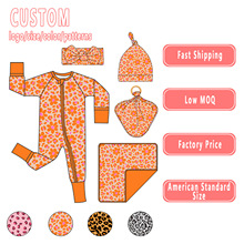 精品外贸婴幼儿童装批发新款橘色花朵印花女孩新款长袖婴儿连体衣