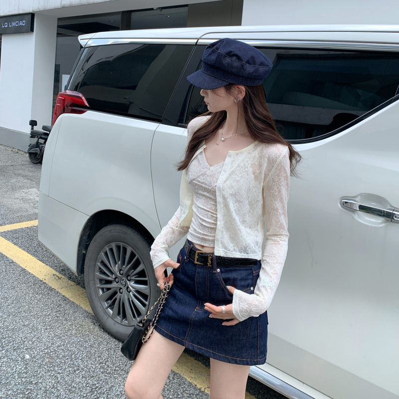 热销法式独特蕾丝长袖开衫T恤女春夏配吊带高级感防晒外套上衣|undefined