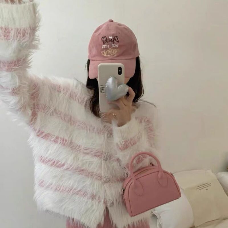 Faux mink fur love buckle knitted cardigan 2023 new V-neck furry striped gentle wind sweater top coat