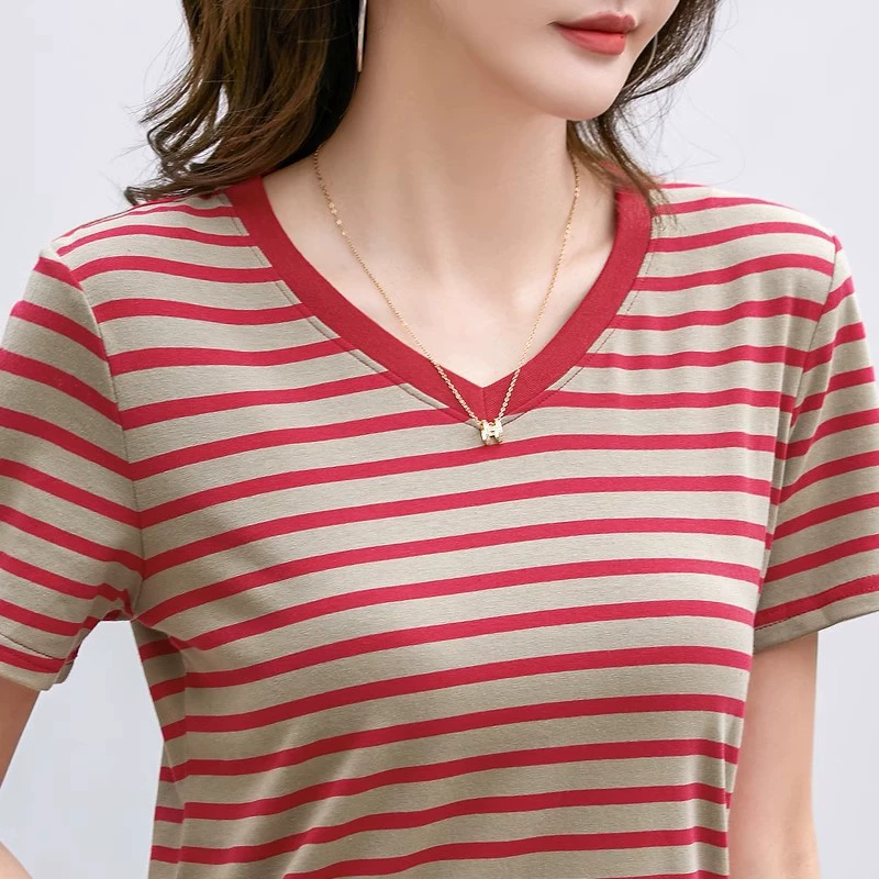 Женская футболка с v-образным вырезом и короткими рукавами, летняя классическая футболка в полоску, тонкие повседневные простые тонкие универсальные топы для среднего и пожилого возраста