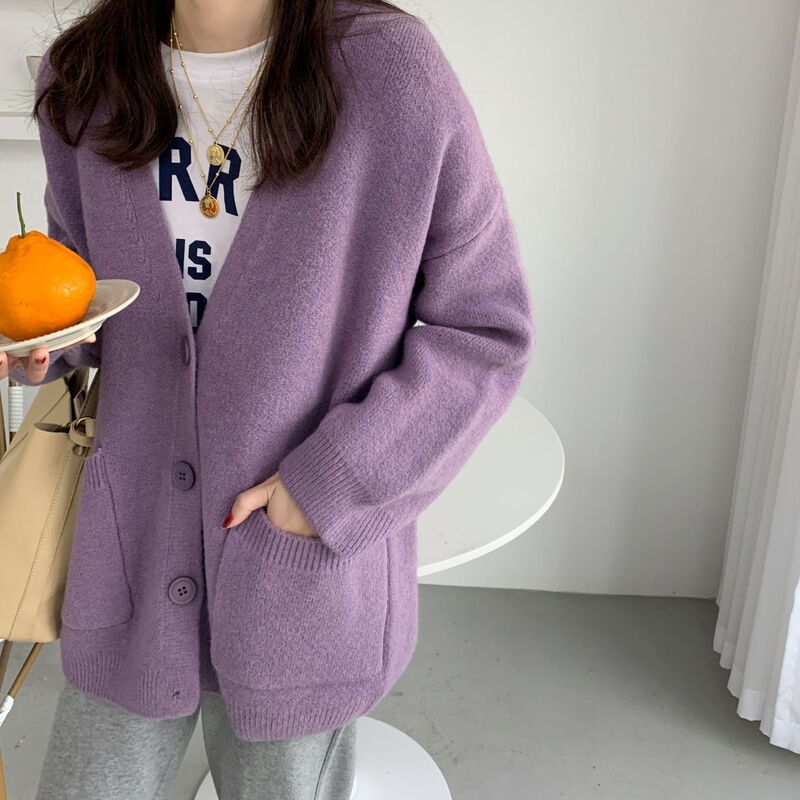 2025 Women's Autumn Knitted Cardigan Retro Hong Kong Style Jacket Mid-Length Sweater Light Color Japanese Style Style Small Gentle Style
