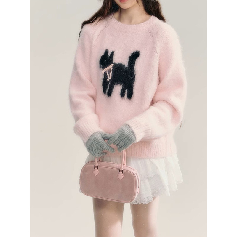 Design knitted autumn cartoon sweater with bow with a round collar