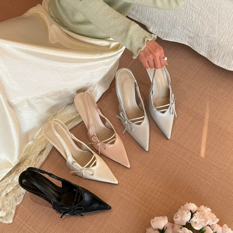 Spring Green Wonderland Satin Pointed-Toe Bowknot Backless Summer Shallow French-Style Sandals Glacier Silver High Heels for Women Summer Spring Green Wonderland Satin Pointed-Toe Bowknot Backless Summer Shallow French-Style Sandals Glacier Silver High Heels for Women Summer