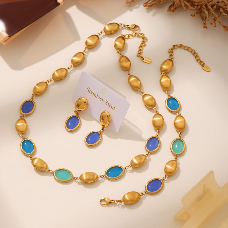 Mili 天然オーバルオパールネックレスブレスレットイヤリングステンレス鋼 18K リアルゴールド気質高級社交家セット|undefined