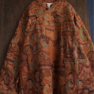 New Winter Style Brown Dyed Printed Linen Short Stand Collar New Chinoiserie Buttoned Cotton Coat 069004