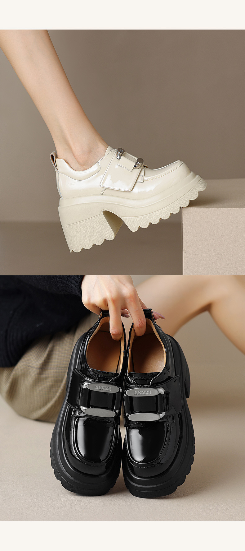 Giày loafer nữ đế xuồng platform phong cách Anh quốc, gót cao 6 cm, mũi tròn, quai ngang dán — Đen bóng, Be bóng chi tiết 8