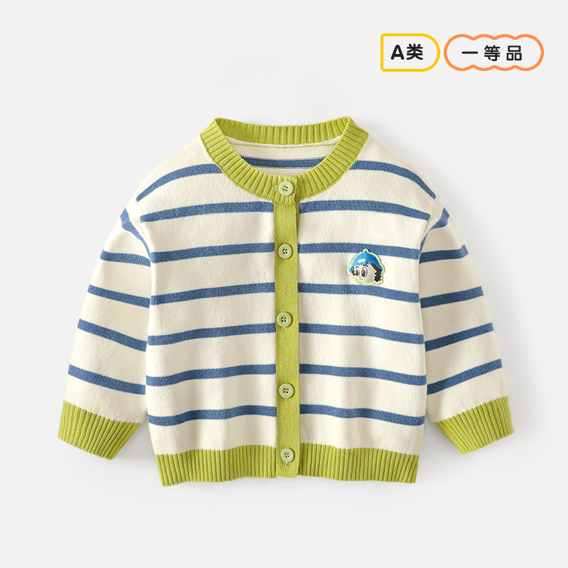 Men's and Women's Baby's Knitted Cardigan Spring Korean-style Cartoon Thin Single-piece Class A Crewneck Sweater Children's Striped Jacket