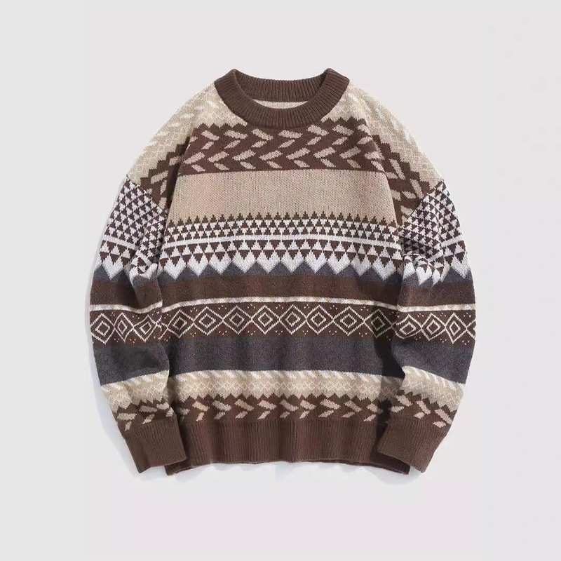 Autumn and Winter New Warm Soft Waxy Retro Knitted Sweater Pullover Round Neck Long Sleeve Contrast Color Diamond Pattern Sweater Women's All-match