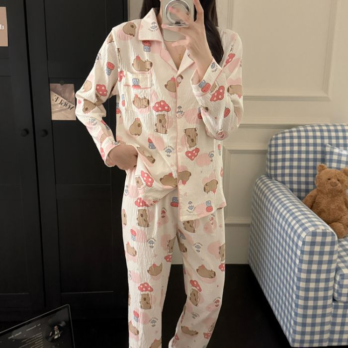 Al por mayor transfronterizo primavera y otoño nuevo pijama de mujer nubes de algodón pantalones de manga larga dulce dibujos animados se puede usar ropa de casa conjunto