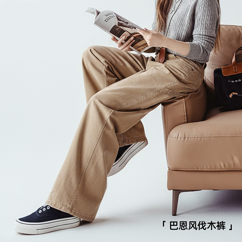 Maden Khaki Retro Workwear Barn-Style Lumberjack Pants Pure Cotton Slim Straight-Leg Slimming Long Pants for Women Autumn and Winter