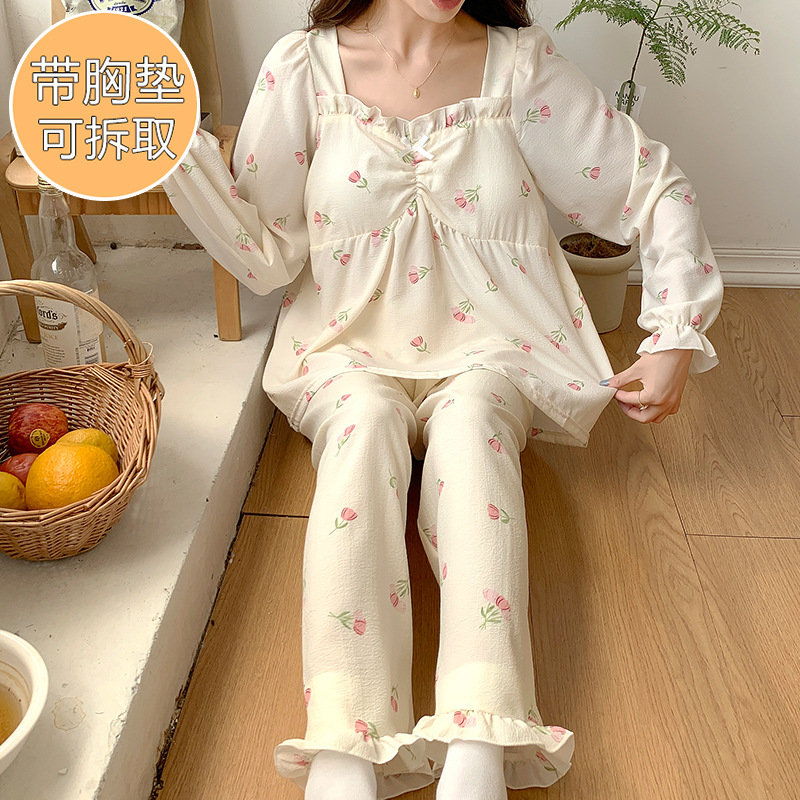 Estilo japonés pijamas frescos de las mujeres tejido volante V-cuello de algodón de otoño e invierno de manga larga con almohadilla en el pecho dulce homewear traje
