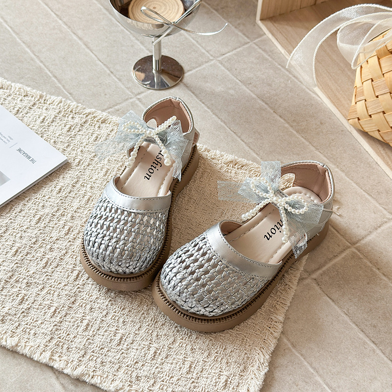 Niñas sandalias de tejido 2026 verano nuevo niño moda suave princesa zapatos de la niña arco hueco zapatos image 4