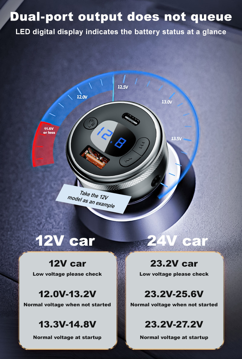 Cross-Border Bluetooth 5.0 Car Mobile Phone Charger Super Fast Charging Digital Display Mp3 Player USB Flash Drive Call Car Charger